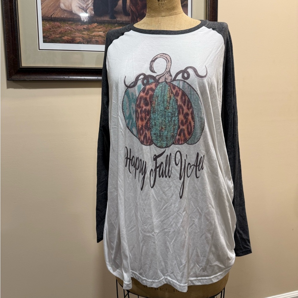 Happy Fall Y’all Long Sleeve Grey & White T-Shirt